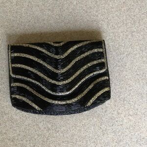 Elegant Vintage Black and Gold Beaded Clutch, purse.
